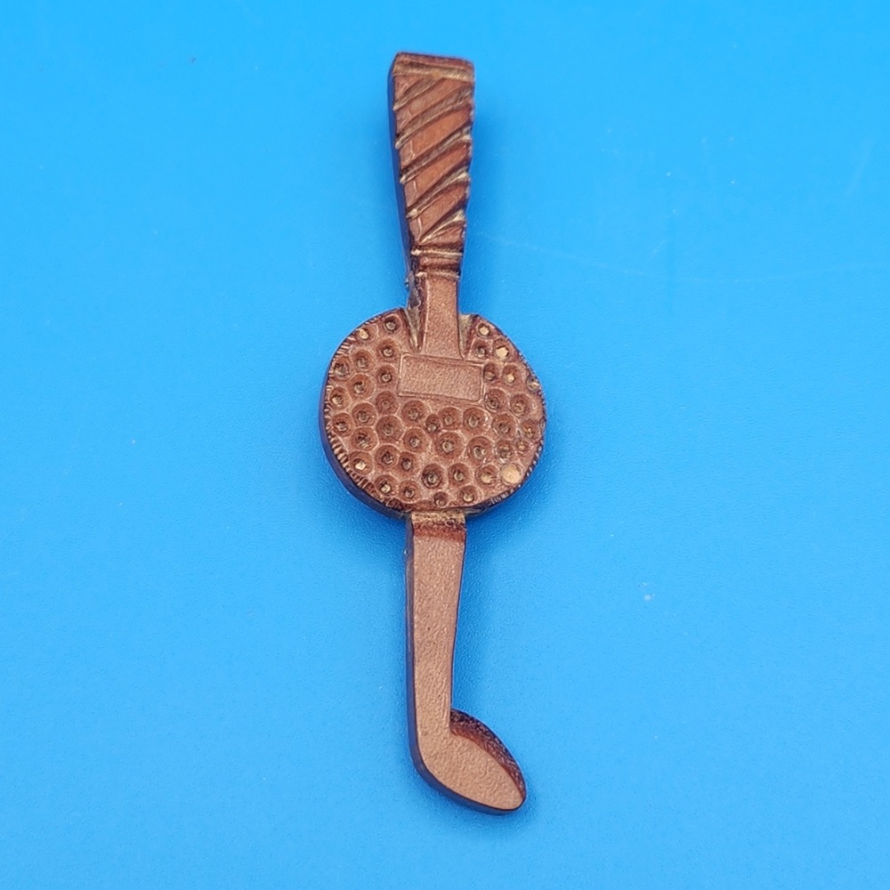 Vintage Hand Carved Wood Golf Club and Ball Brooch Pin Brown Rustic Folk Art